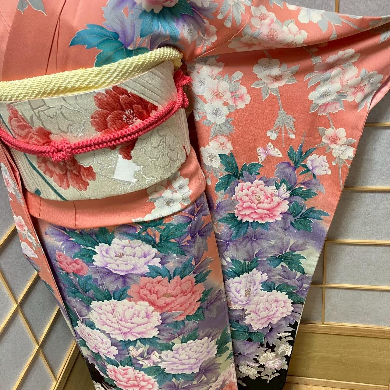 8183# Japanese Vintage Furisode Kimono Obi Obijime Obiage 4-Piece Set Silk Robe