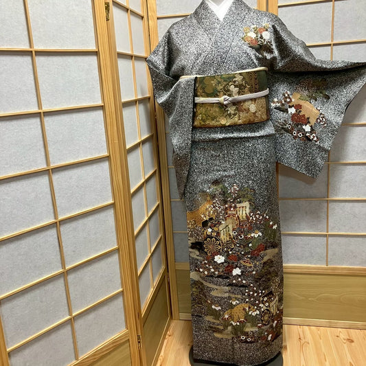 8184# Japanese Kimono Vintage Womens Silk Fabric Robe Kimono only sold Black
