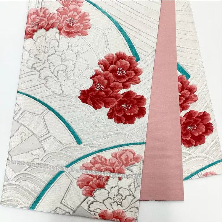 8183# Japanese Vintage Furisode Kimono Obi Obijime Obiage 4-Piece Set Silk Robe