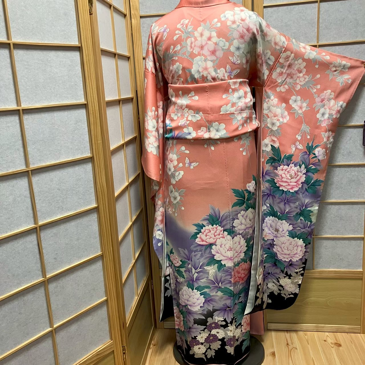 8183# Japanese Vintage Furisode Kimono Obi Obijime Obiage 4-Piece Set Silk Robe