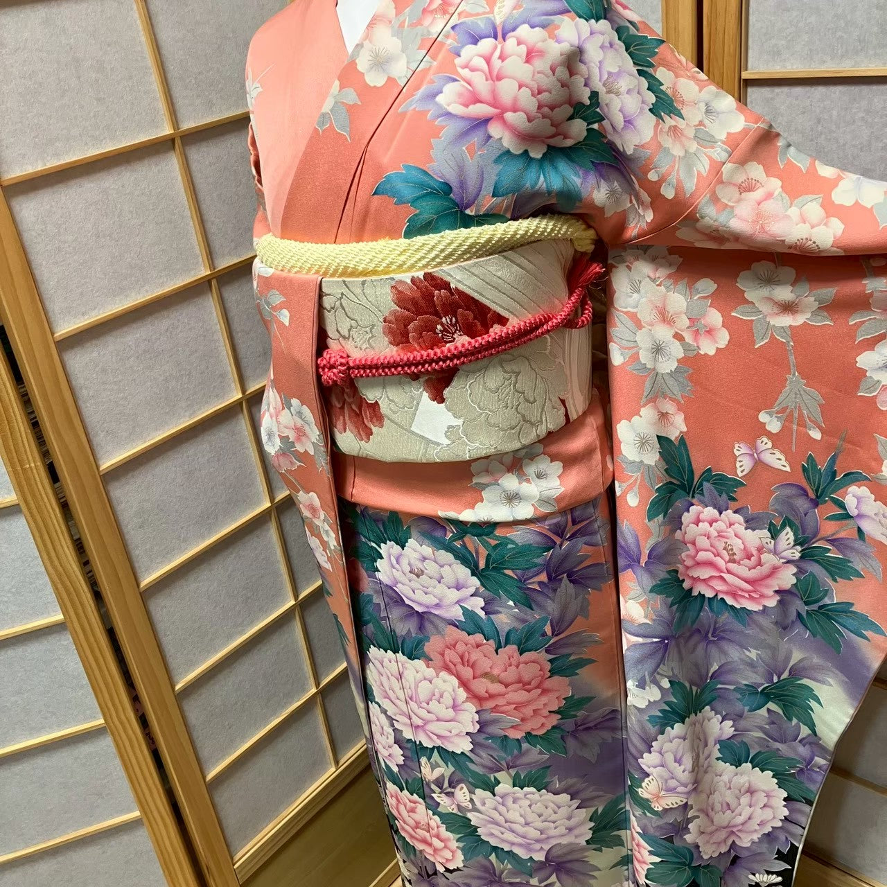 8183# Japanese Vintage Furisode Kimono Obi Obijime Obiage 4-Piece Set Silk Robe