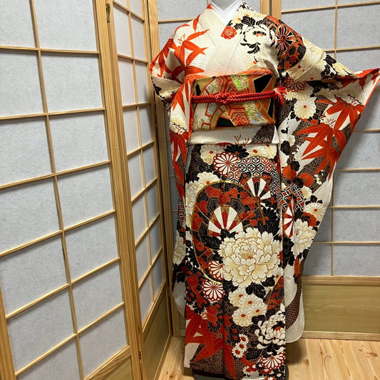 8456# Japanese Vintage Furisode Kimono Obi Obijime Obiage 4-Piece Set Silk Robe