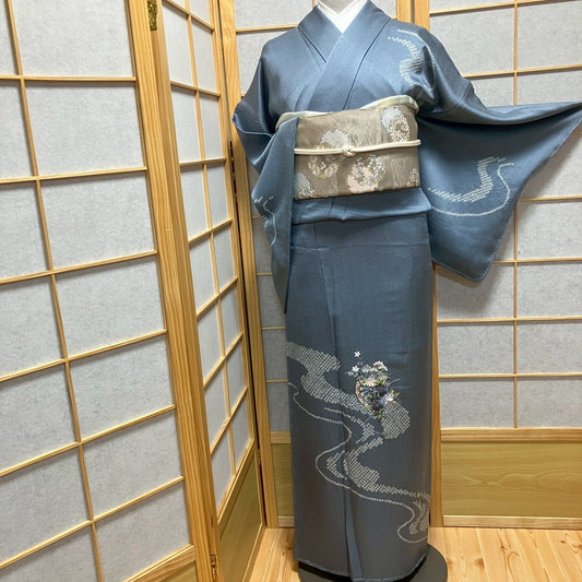 8199# Japanese Kimono Vintage Womens Silk Fabric Robe Kimono only sold Unused
