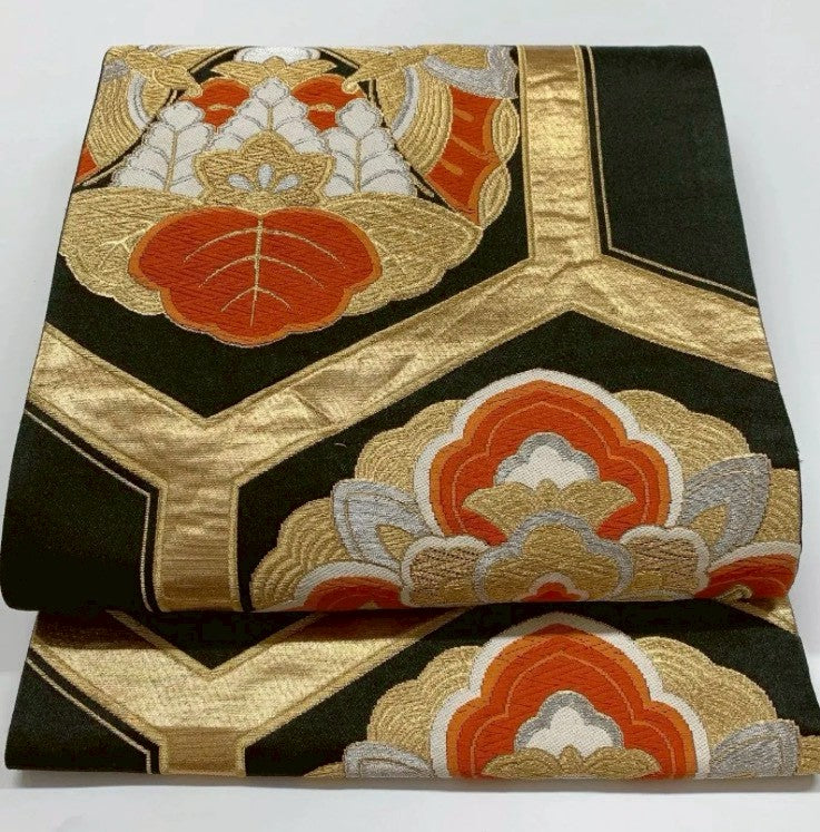8453# Japanese Vintage Furisode Kimono Obi Obijime Obiage 4-Piece Set Silk Robe