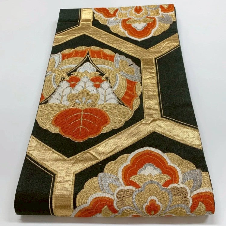 8453# Japanese Vintage Furisode Kimono Obi Obijime Obiage 4-Piece Set Silk Robe