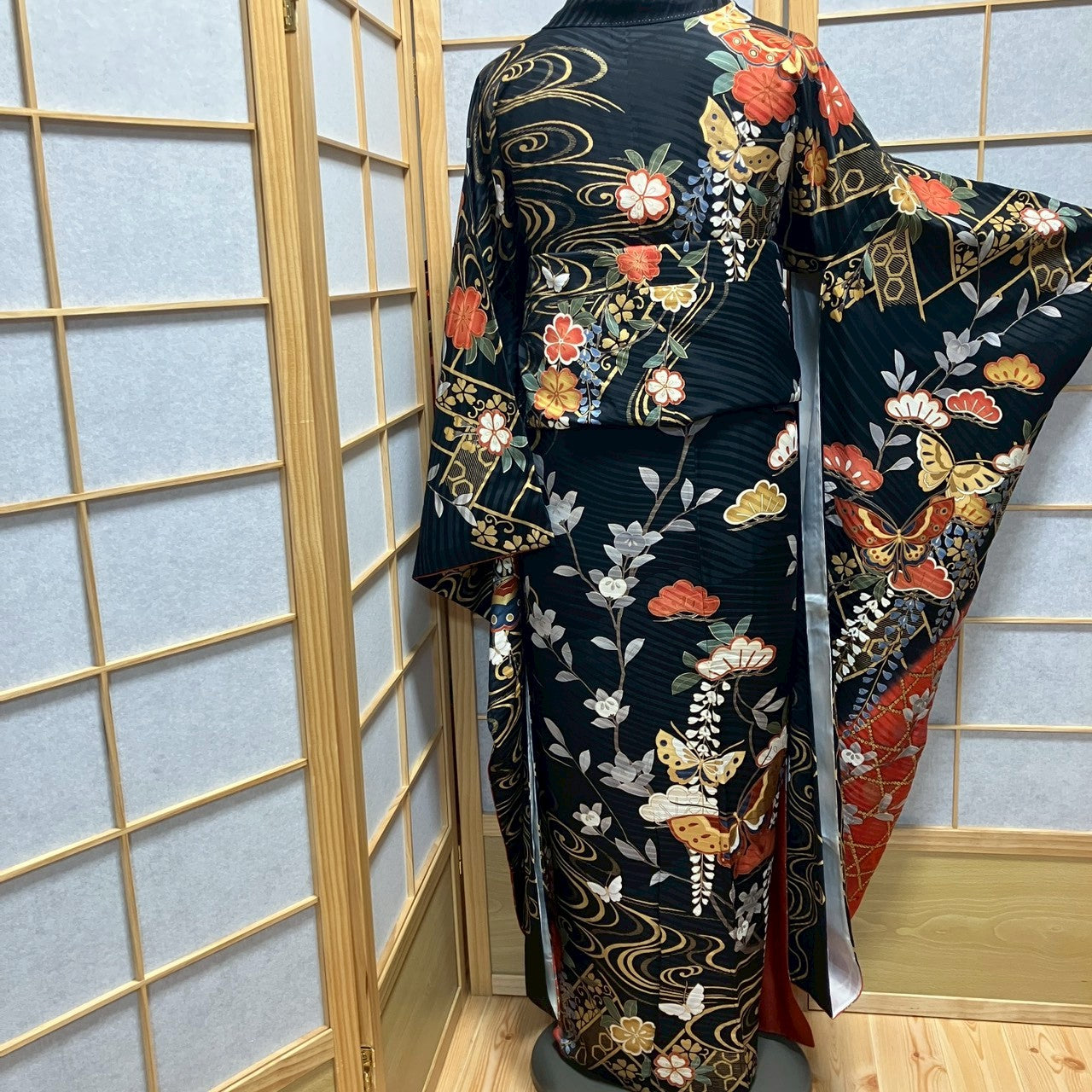 8453# Japanese Vintage Furisode Kimono Obi Obijime Obiage 4-Piece Set Silk Robe