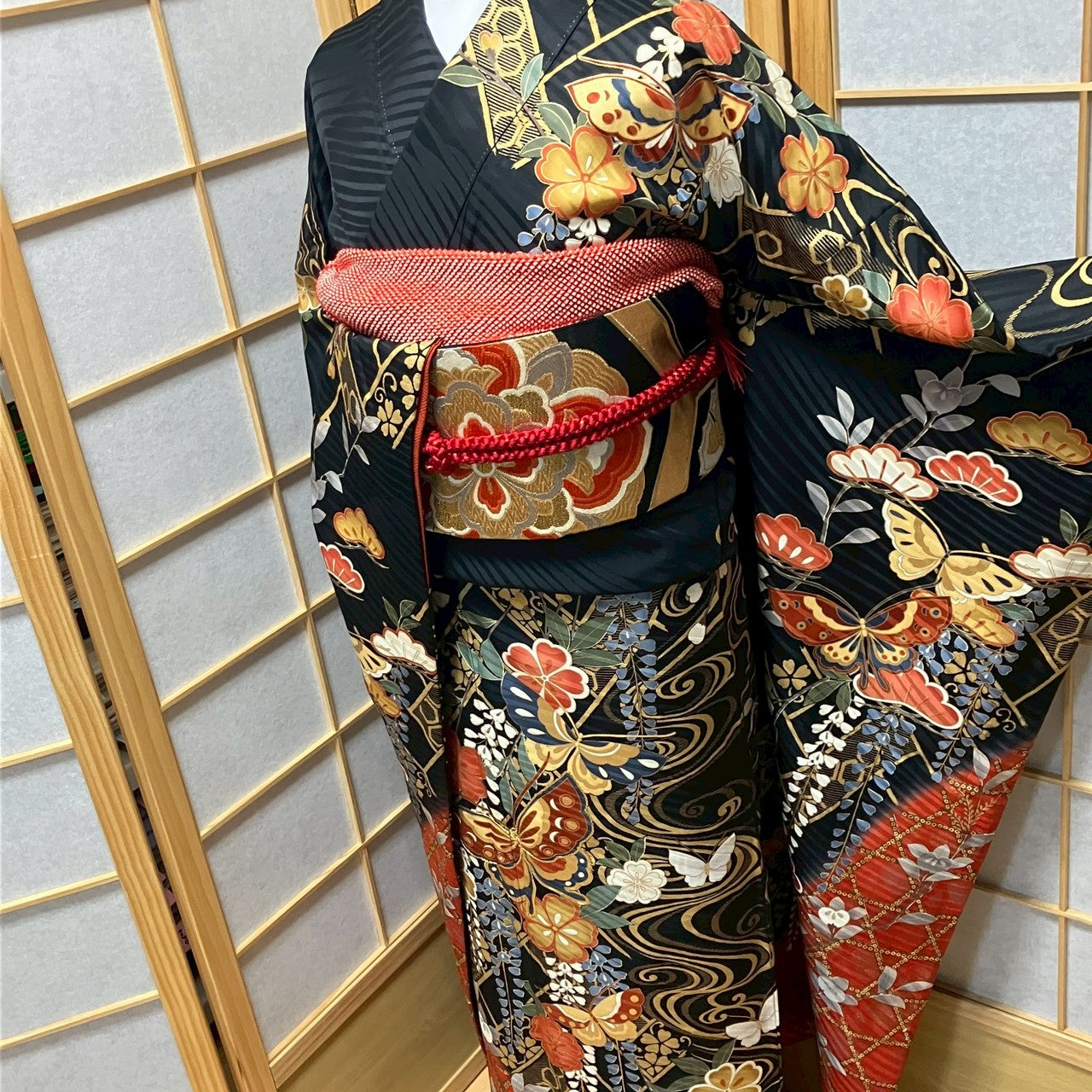 8453# Japanese Vintage Furisode Kimono Obi Obijime Obiage 4-Piece Set Silk Robe