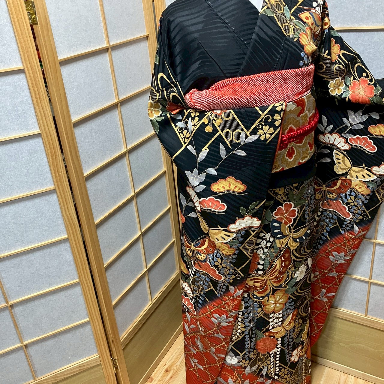 8453# Japanese Vintage Furisode Kimono Obi Obijime Obiage 4-Piece Set Silk Robe