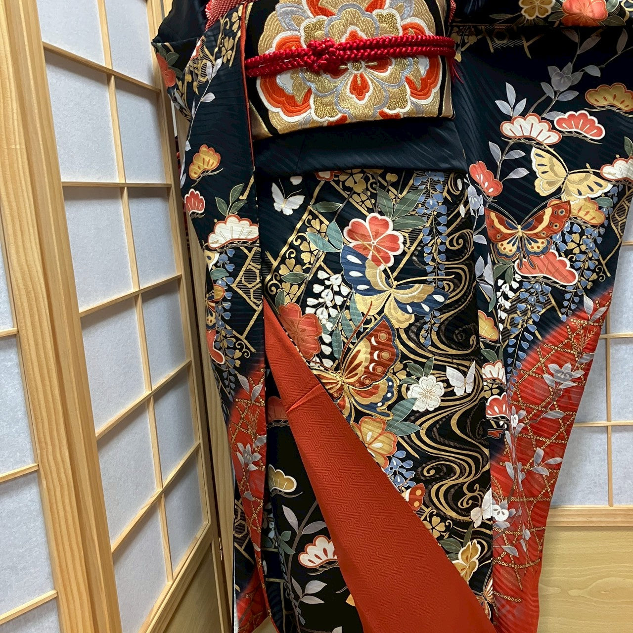 8453# Japanese Vintage Furisode Kimono Obi Obijime Obiage 4-Piece Set Silk Robe