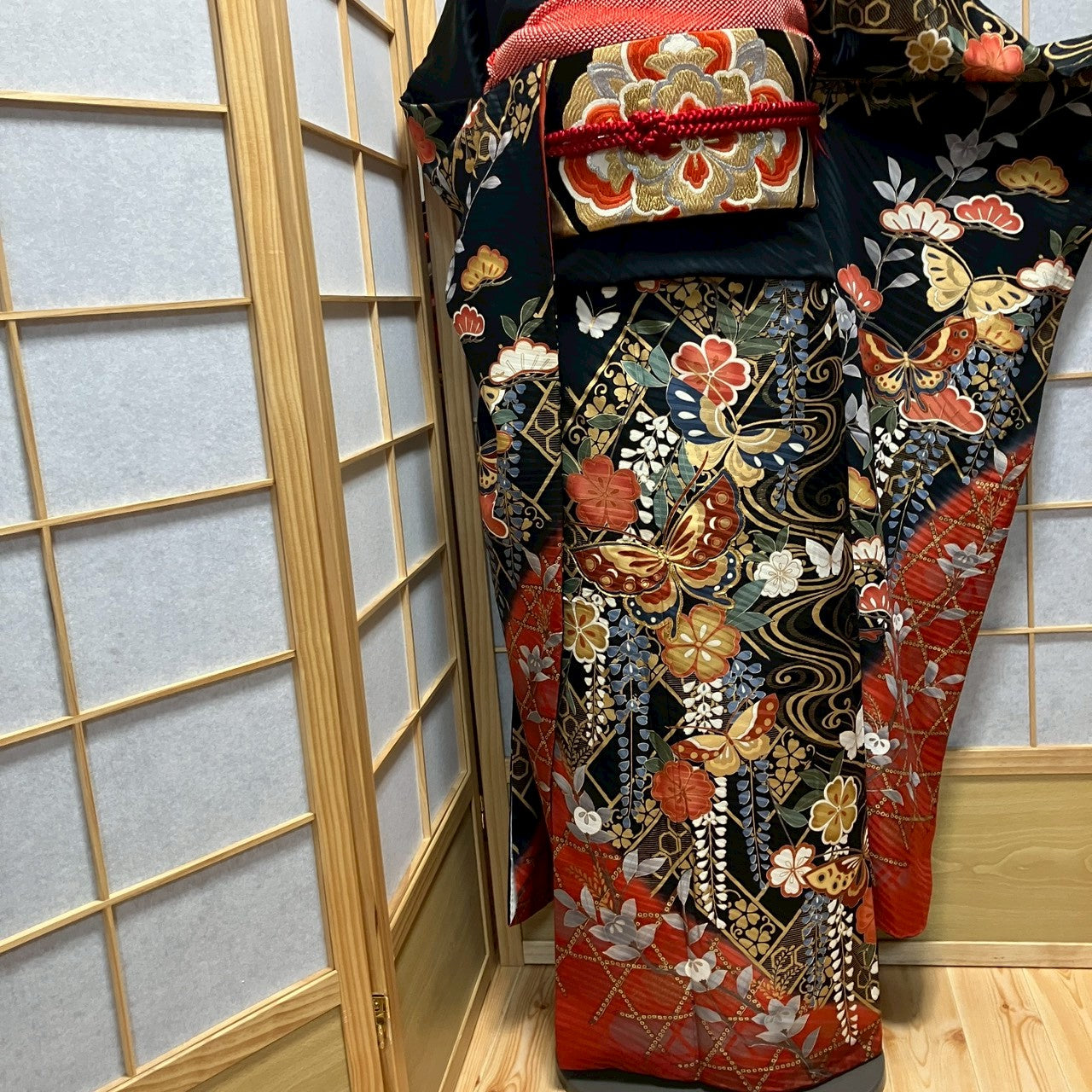 8453# Japanese Vintage Furisode Kimono Obi Obijime Obiage 4-Piece Set Silk Robe