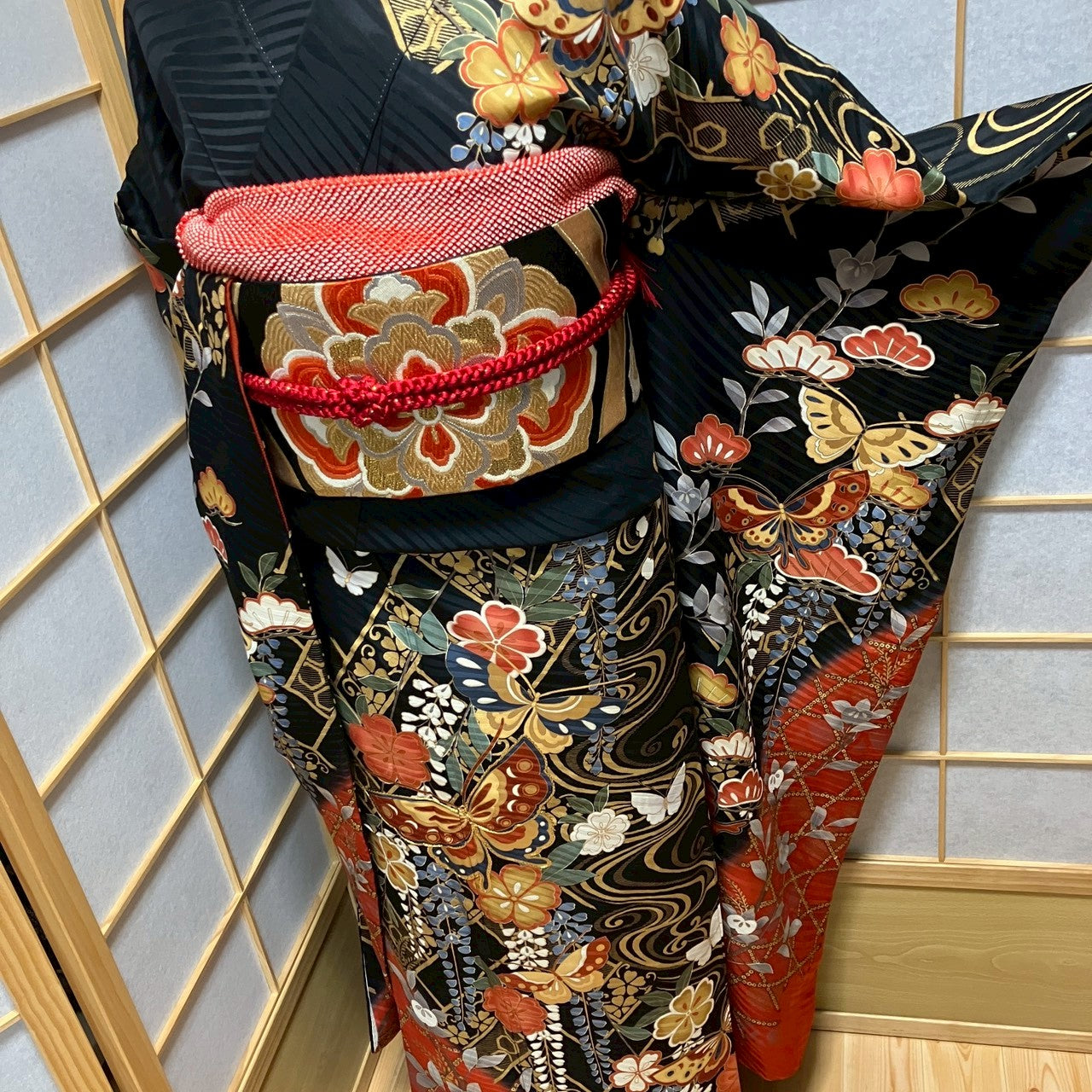 8453# Japanese Vintage Furisode Kimono Obi Obijime Obiage 4-Piece Set Silk Robe