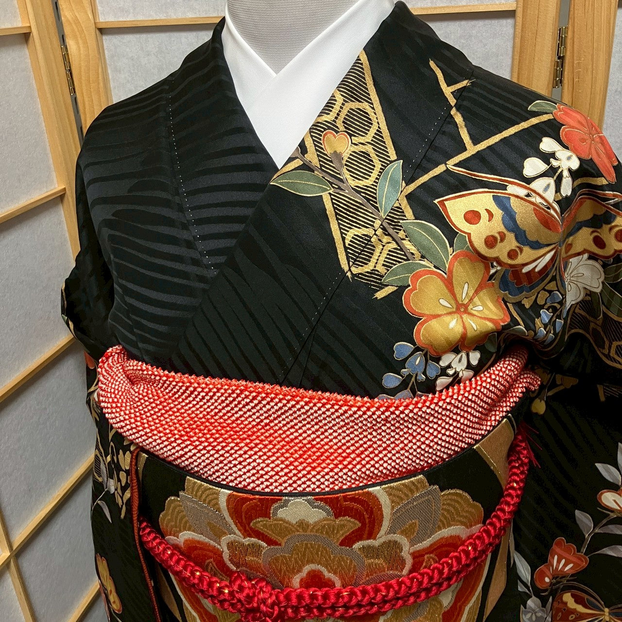 8453# Japanese Vintage Furisode Kimono Obi Obijime Obiage 4-Piece Set Silk Robe
