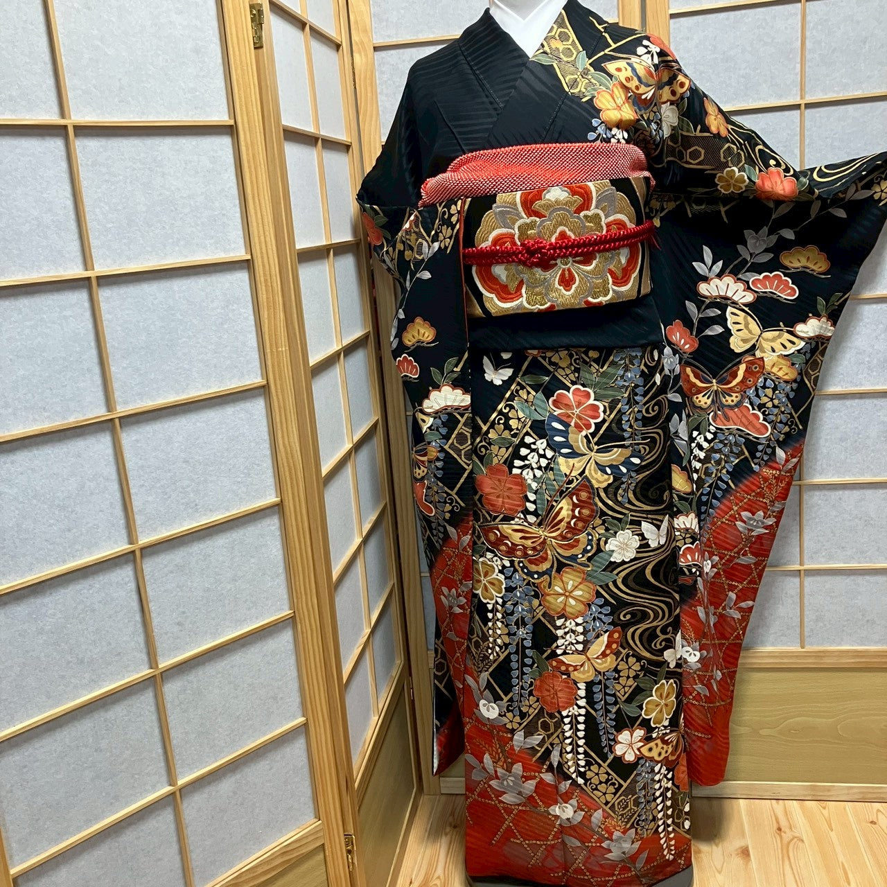 8453# Japanese Vintage Furisode Kimono Obi Obijime Obiage 4-Piece Set Silk Robe