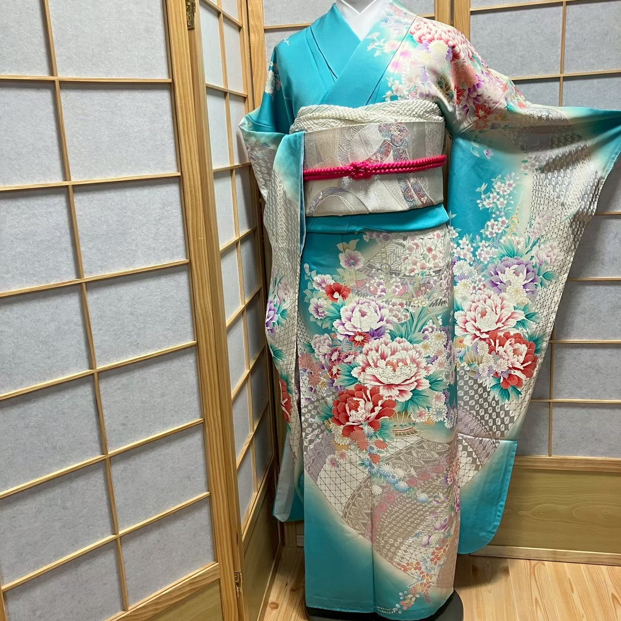 8461# Japanese Vintage Furisode Kimono Obi Obijime Obiage 4-Piece Set Silk Robe