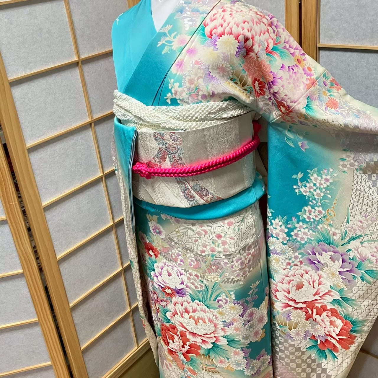 8461# Japanese Vintage Furisode Kimono Obi Obijime Obiage 4-Piece Set Silk Robe