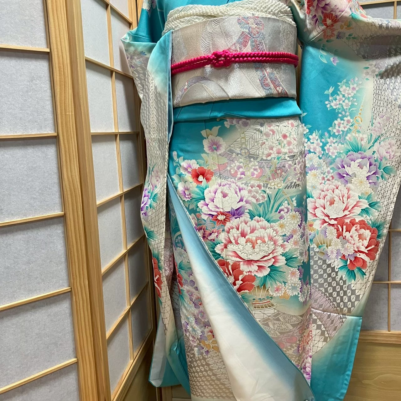 8461# Japanese Vintage Furisode Kimono Obi Obijime Obiage 4-Piece Set Silk Robe
