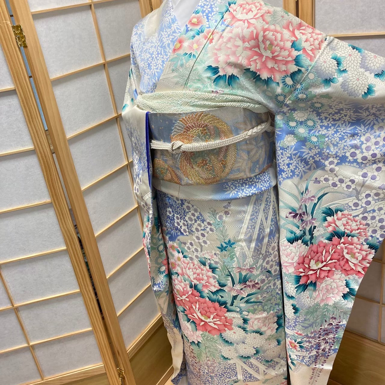 9772# Japanese Furisode Kimono Obi Obijime Obiage 4-Piece Set Womens Silk Robe