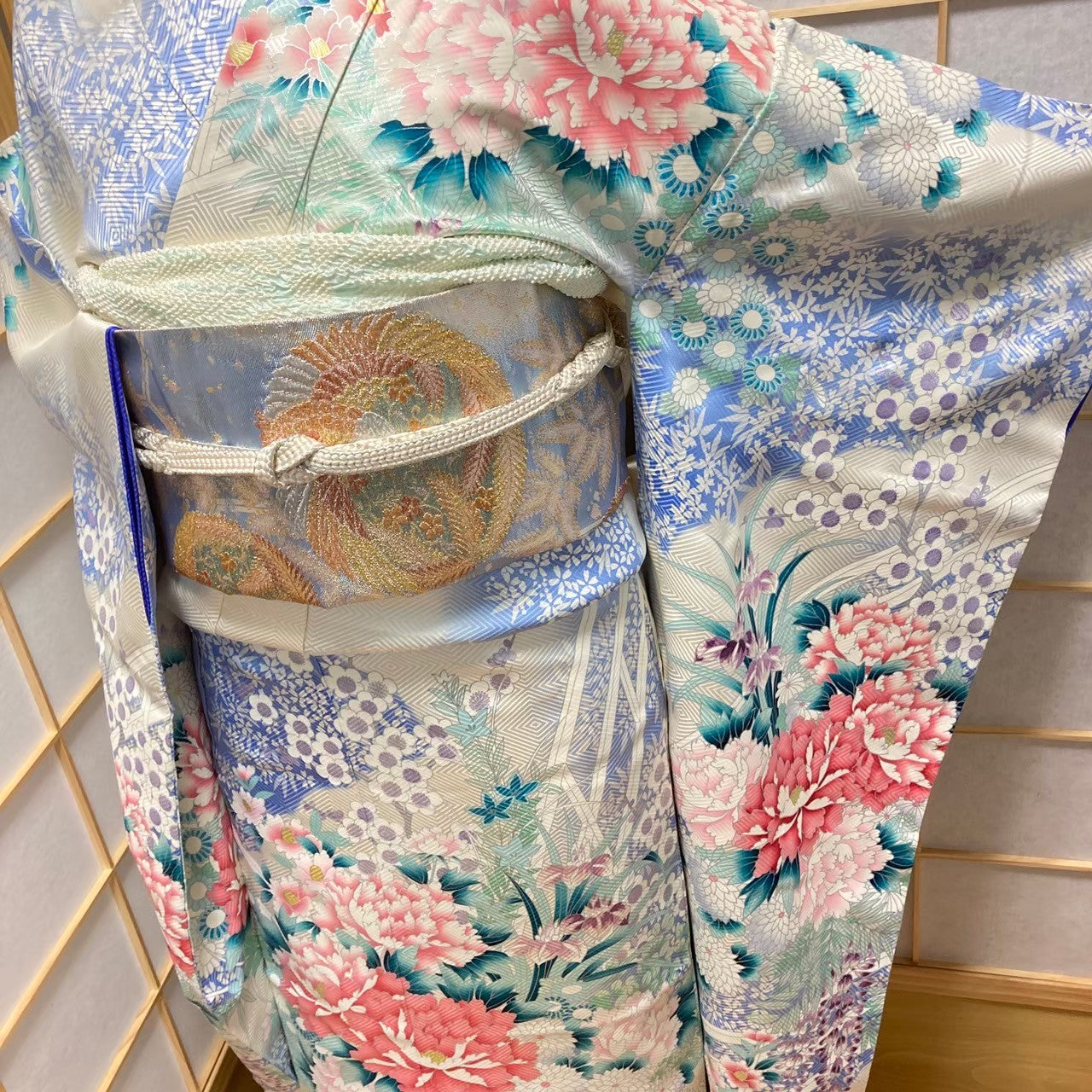 9772# Japanese Furisode Kimono Obi Obijime Obiage 4-Piece Set Womens Silk Robe