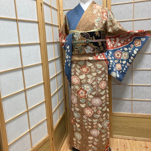 0537# Japanese Kimono Vintage Womens Silk Fabric Robe Kimono only sold Shibori