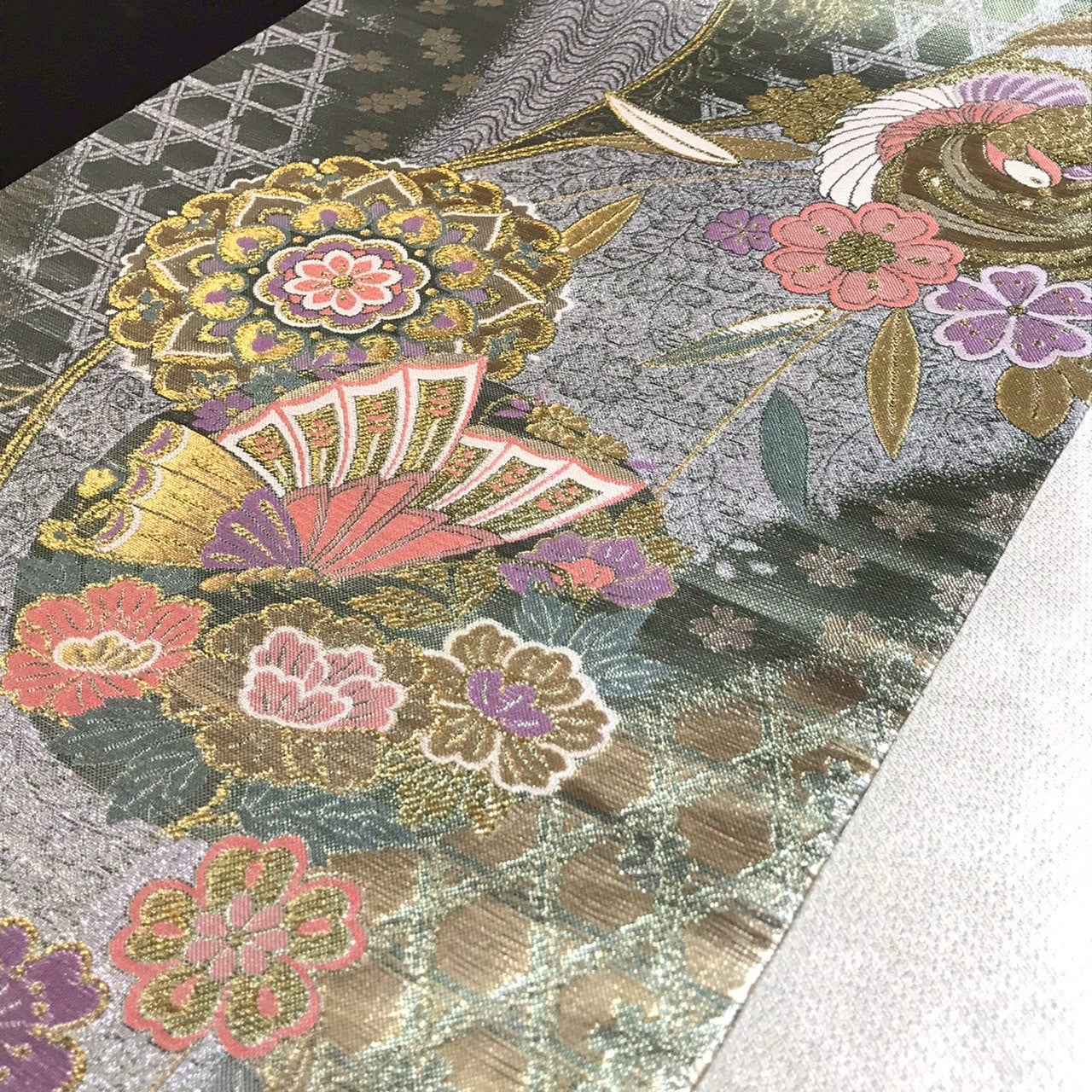 6797# Japanese Vintage Fukuro Obi Belt Kimono Fabric Silk Traditional Silver