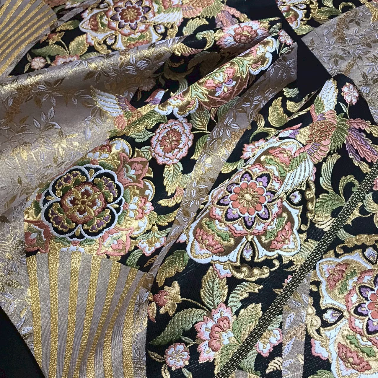 7195# Japanese Vintage Fukuro Obi Belt Kimono Fabric Silk Traditional Black