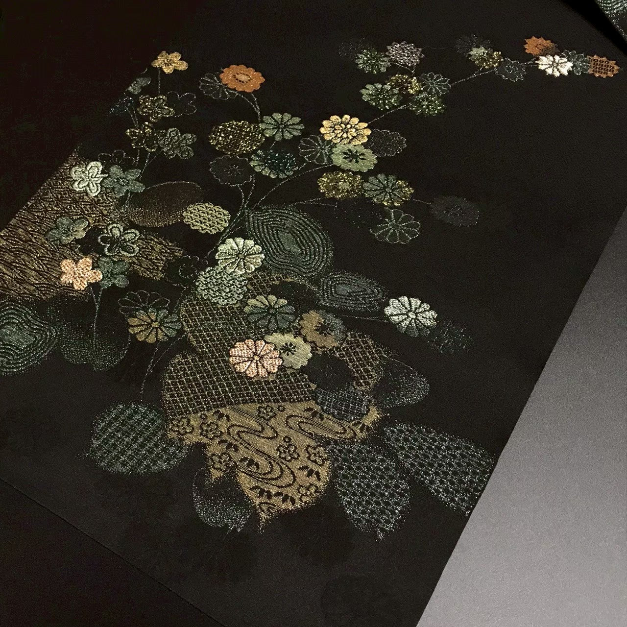 7507# Japanese Vintage Nagoya Obi Belt Kimono Fabric Silk Traditional Black