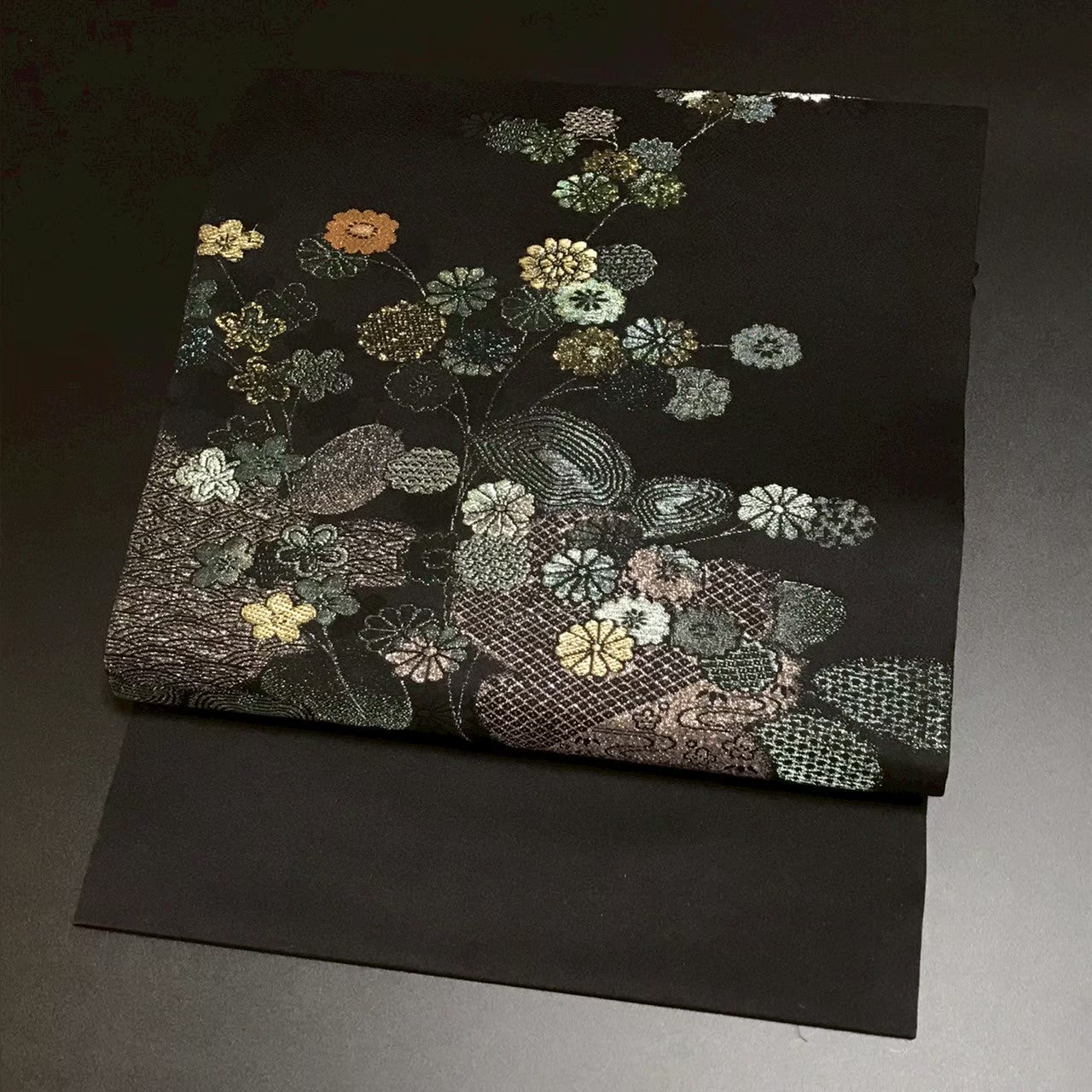 7507# Japanese Vintage Nagoya Obi Belt Kimono Fabric Silk Traditional Black