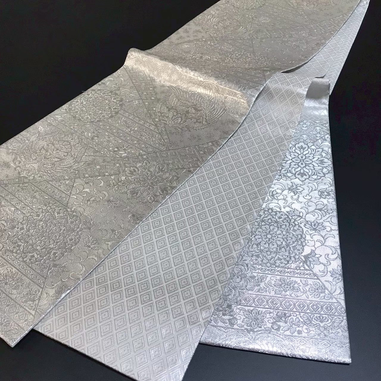 7510# Japanese Vintage Fukuro Obi Belt Kimono Fabric Silk Traditional Silver