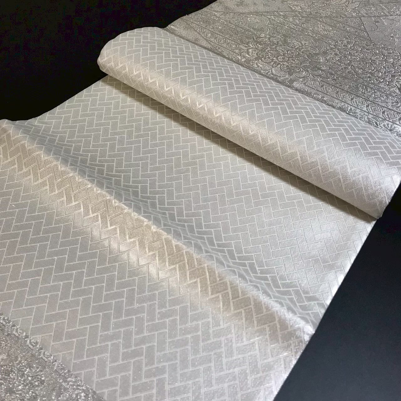 7510# Japanese Vintage Fukuro Obi Belt Kimono Fabric Silk Traditional Silver