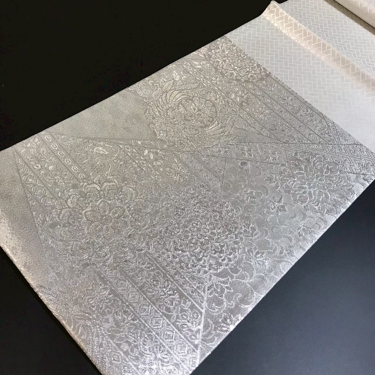 7510# Japanese Vintage Fukuro Obi Belt Kimono Fabric Silk Traditional Silver