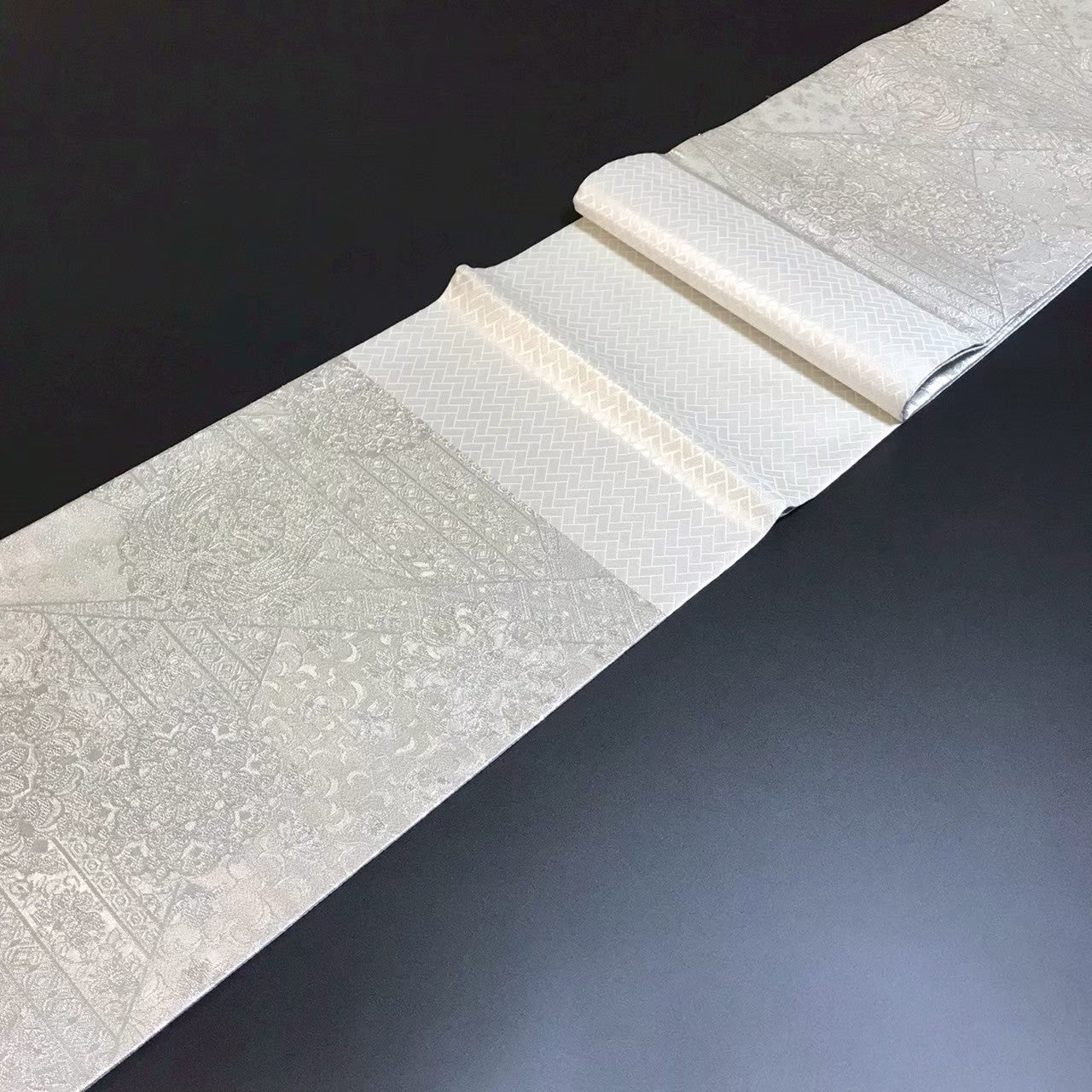 7510# Japanese Vintage Fukuro Obi Belt Kimono Fabric Silk Traditional Silver