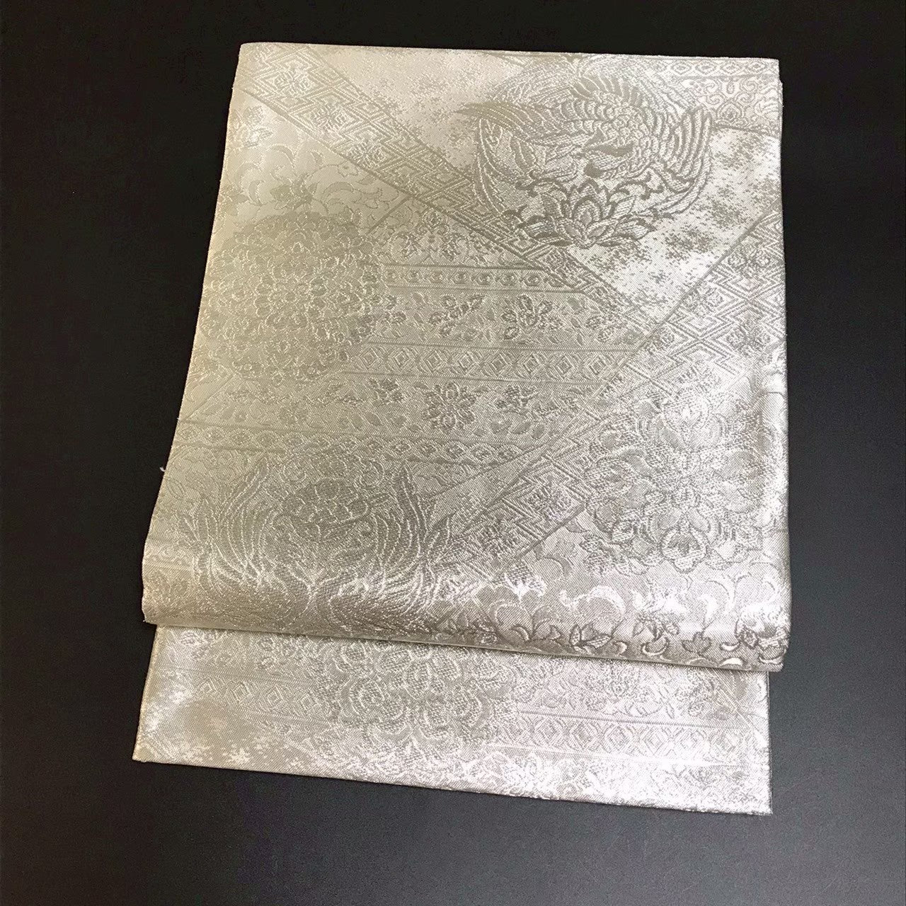 7510# Japanese Vintage Fukuro Obi Belt Kimono Fabric Silk Traditional Silver