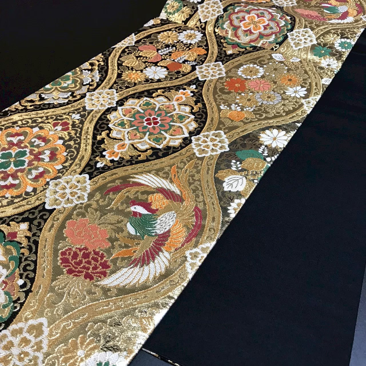 7511# Japanese Vintage Fukuro Obi Belt Kimono Fabric Silk Traditional Black