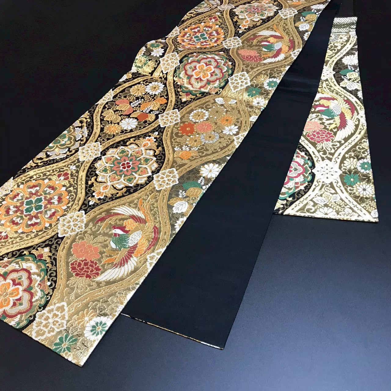 7511# Japanese Vintage Fukuro Obi Belt Kimono Fabric Silk Traditional Black