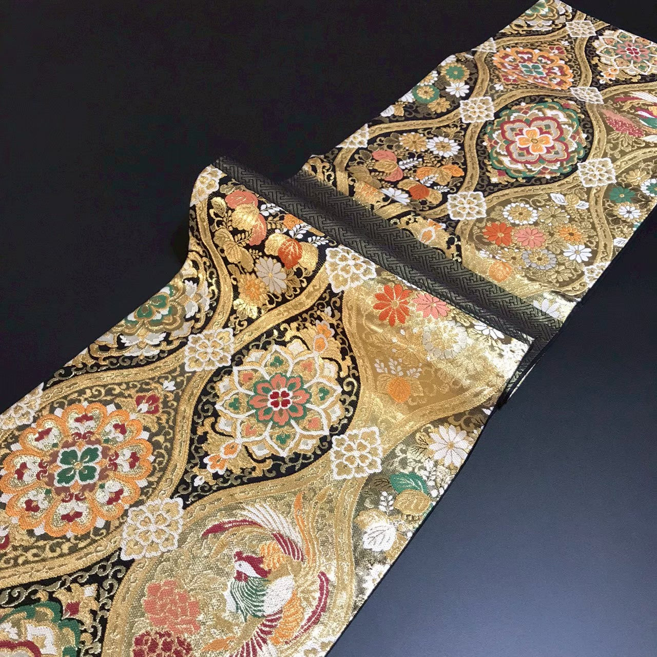 7511# Japanese Vintage Fukuro Obi Belt Kimono Fabric Silk Traditional Black