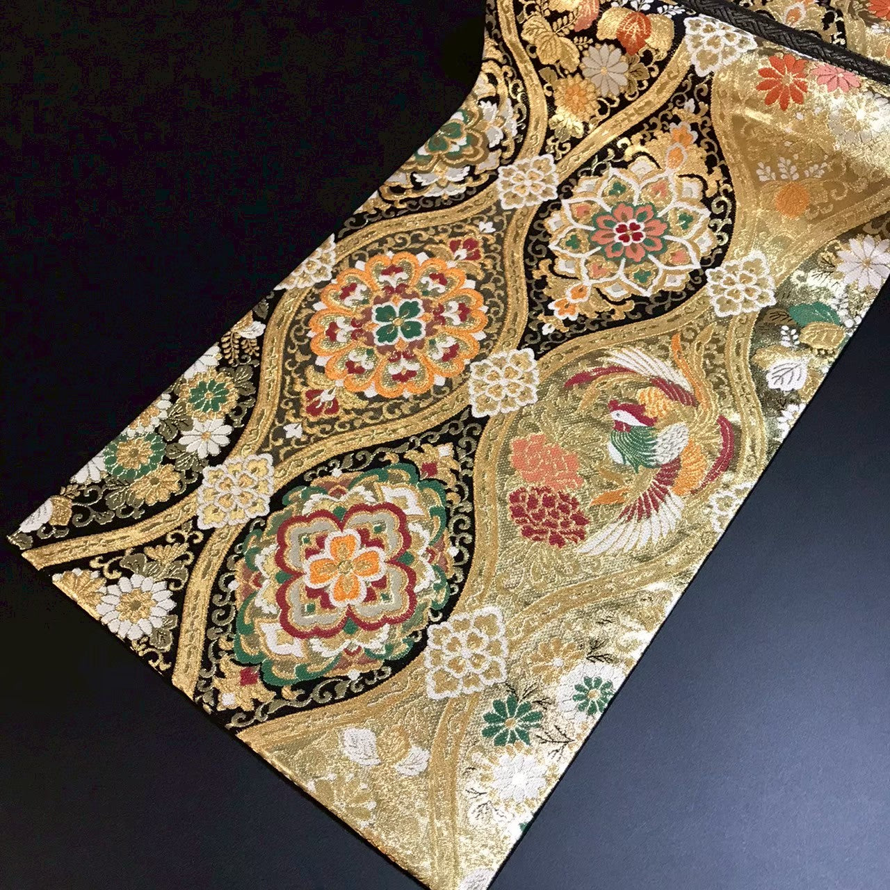 7511# Japanese Vintage Fukuro Obi Belt Kimono Fabric Silk Traditional Black