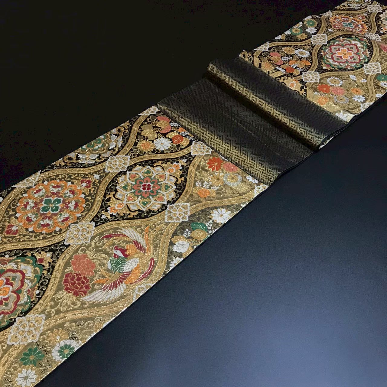 7511# Japanese Vintage Fukuro Obi Belt Kimono Fabric Silk Traditional Black