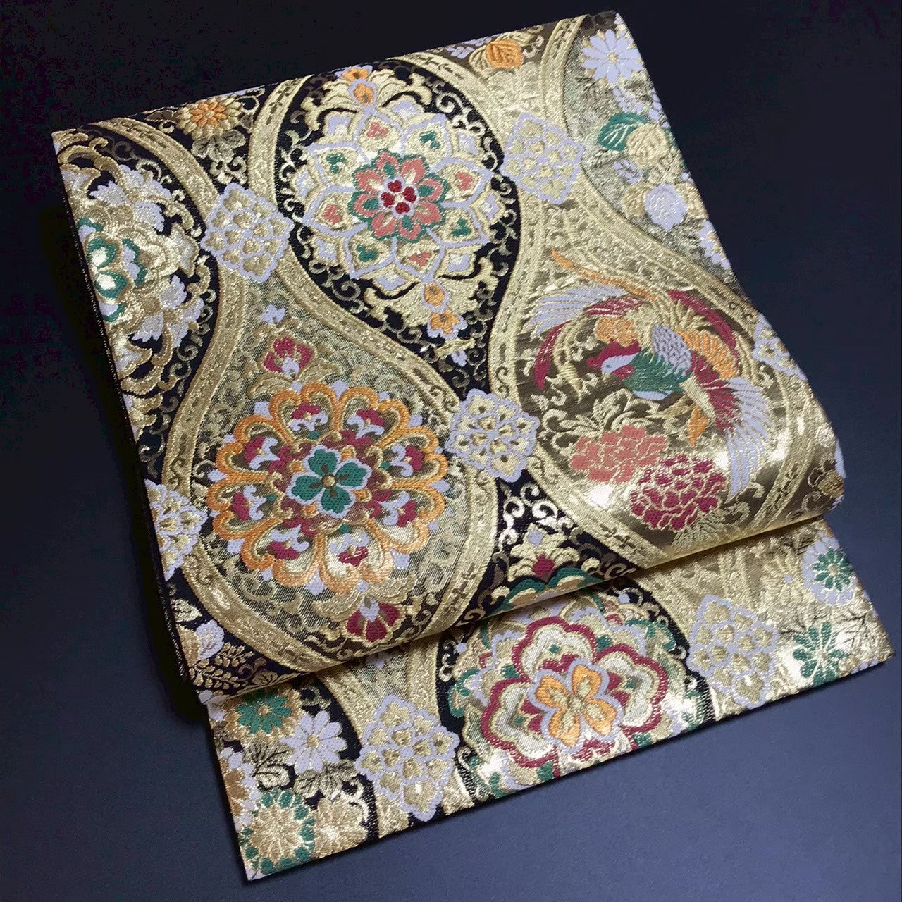 7511# Japanese Vintage Fukuro Obi Belt Kimono Fabric Silk Traditional Black