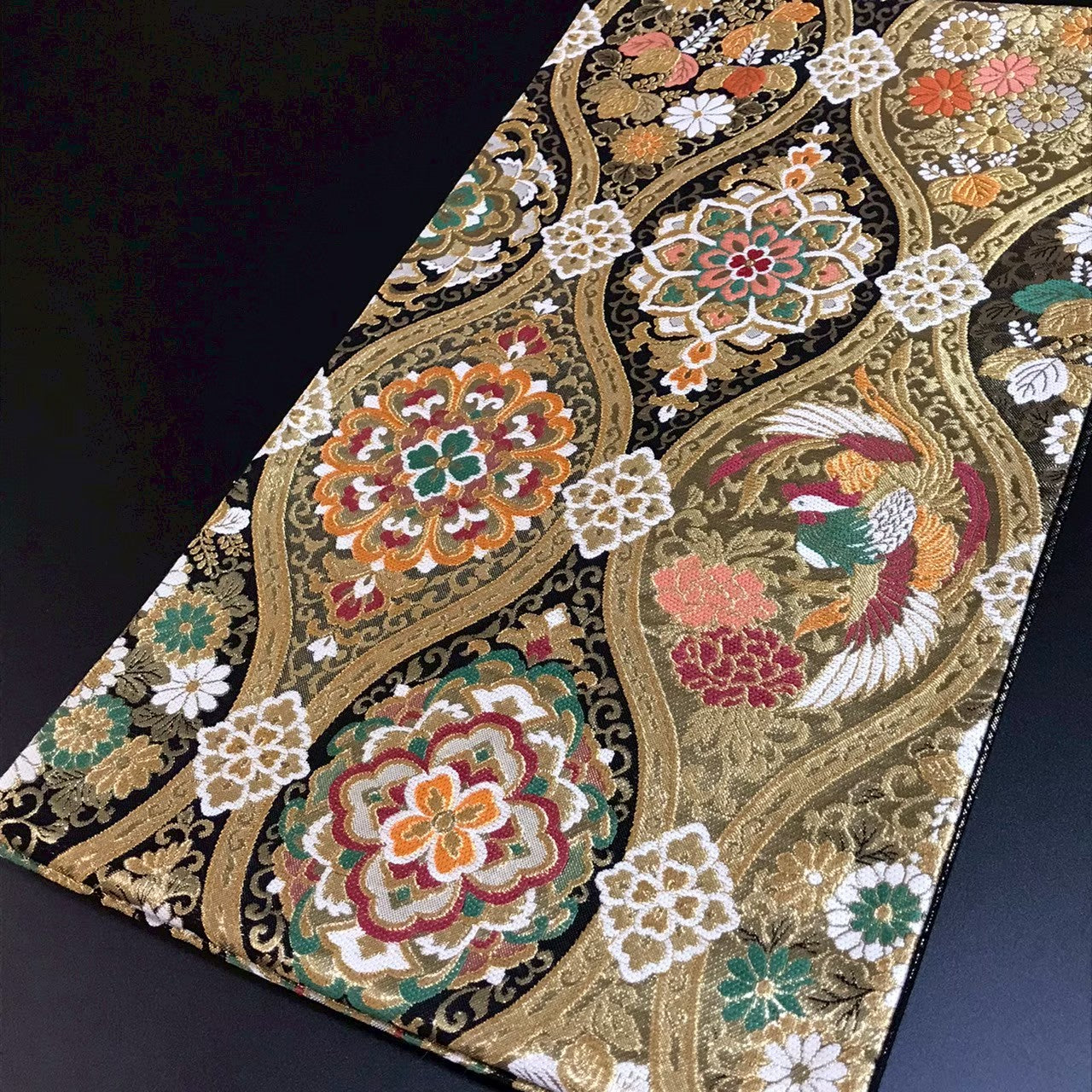 7511# Japanese Vintage Fukuro Obi Belt Kimono Fabric Silk Traditional Black