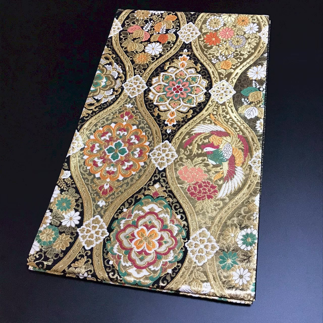 7511# Japanese Vintage Fukuro Obi Belt Kimono Fabric Silk Traditional Black