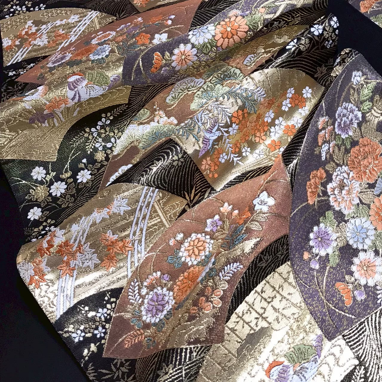 7513# Japanese Vintage Fukuro Obi Belt Kimono Fabric Silk Traditional Black