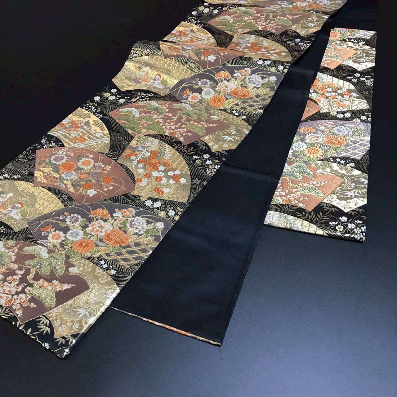 7513# Japanese Vintage Fukuro Obi Belt Kimono Fabric Silk Traditional Black