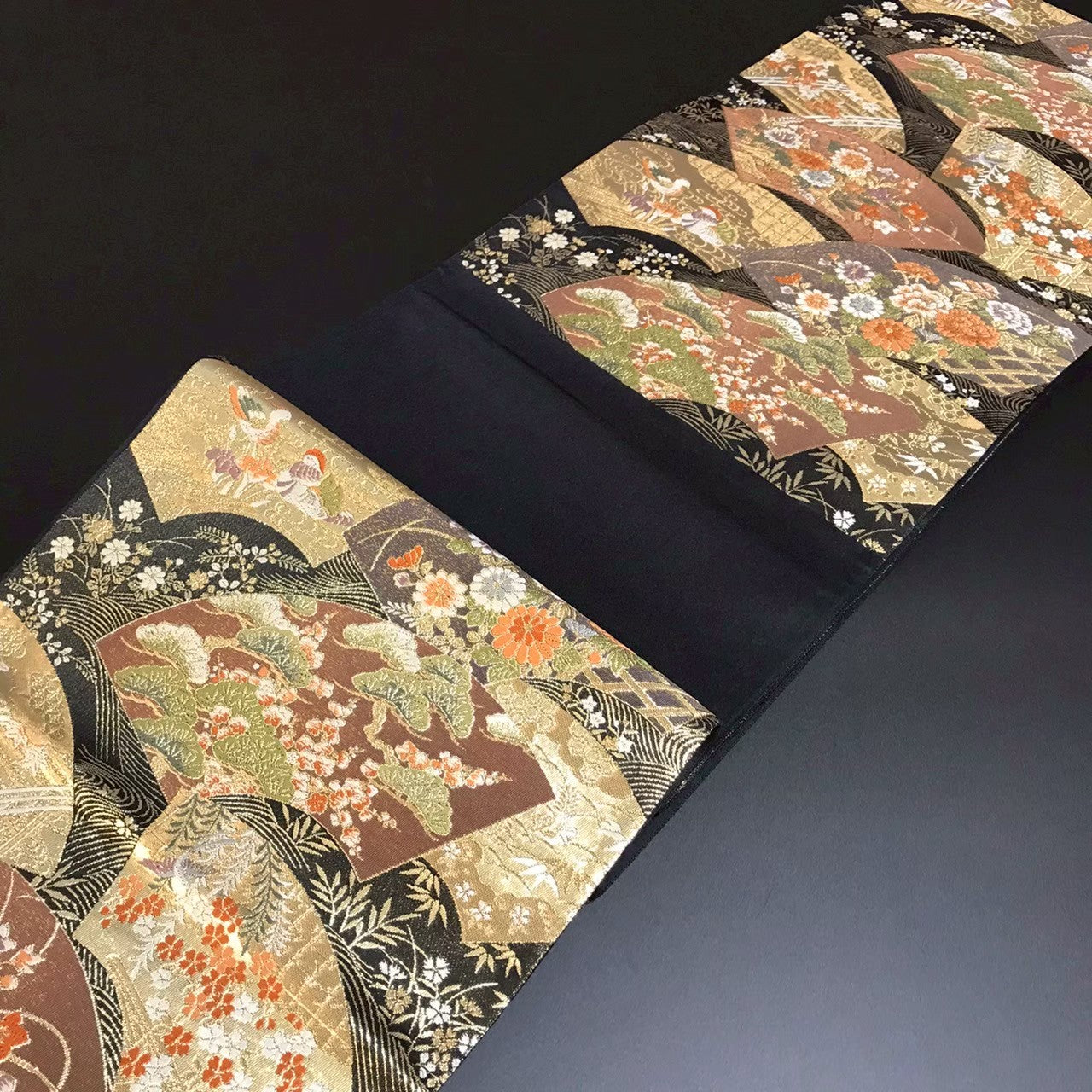 7513# Japanese Vintage Fukuro Obi Belt Kimono Fabric Silk Traditional Black