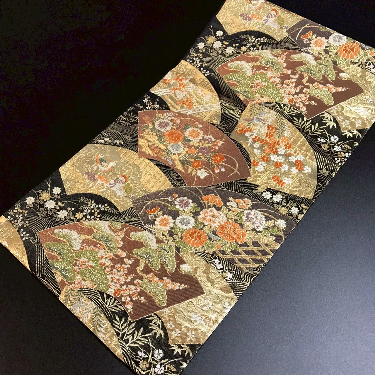 7513# Japanese Vintage Fukuro Obi Belt Kimono Fabric Silk Traditional Black