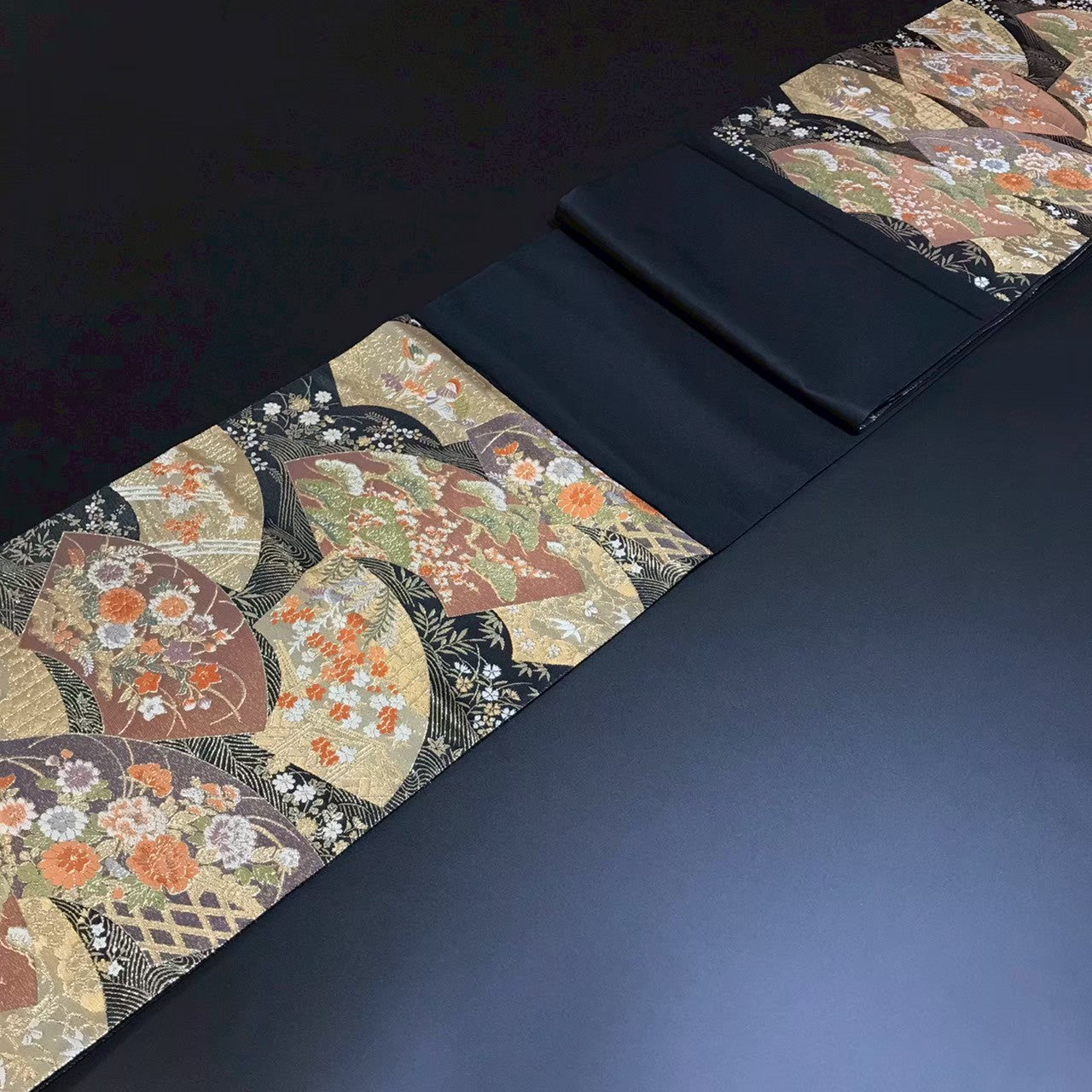 7513# Japanese Vintage Fukuro Obi Belt Kimono Fabric Silk Traditional Black