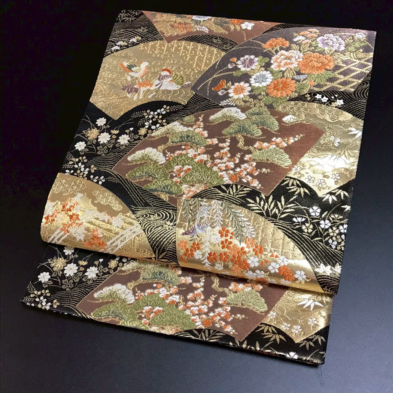 7513# Japanese Vintage Fukuro Obi Belt Kimono Fabric Silk Traditional Black