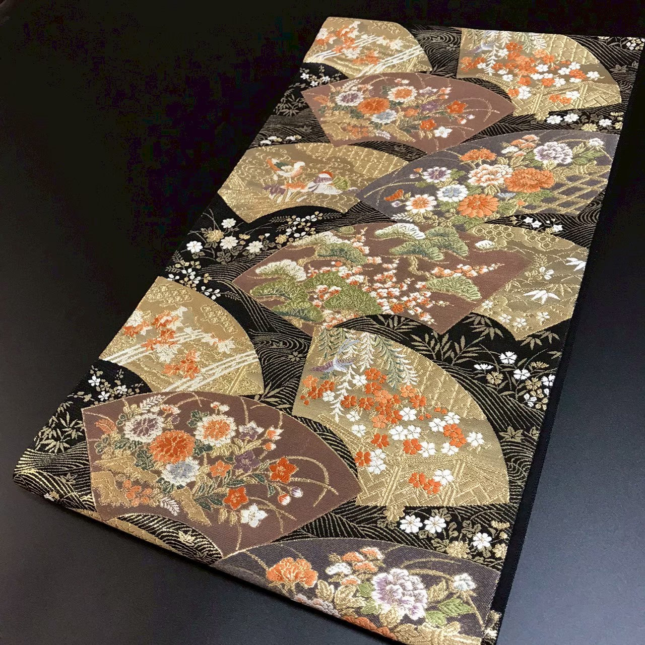 7513# Japanese Vintage Fukuro Obi Belt Kimono Fabric Silk Traditional Black