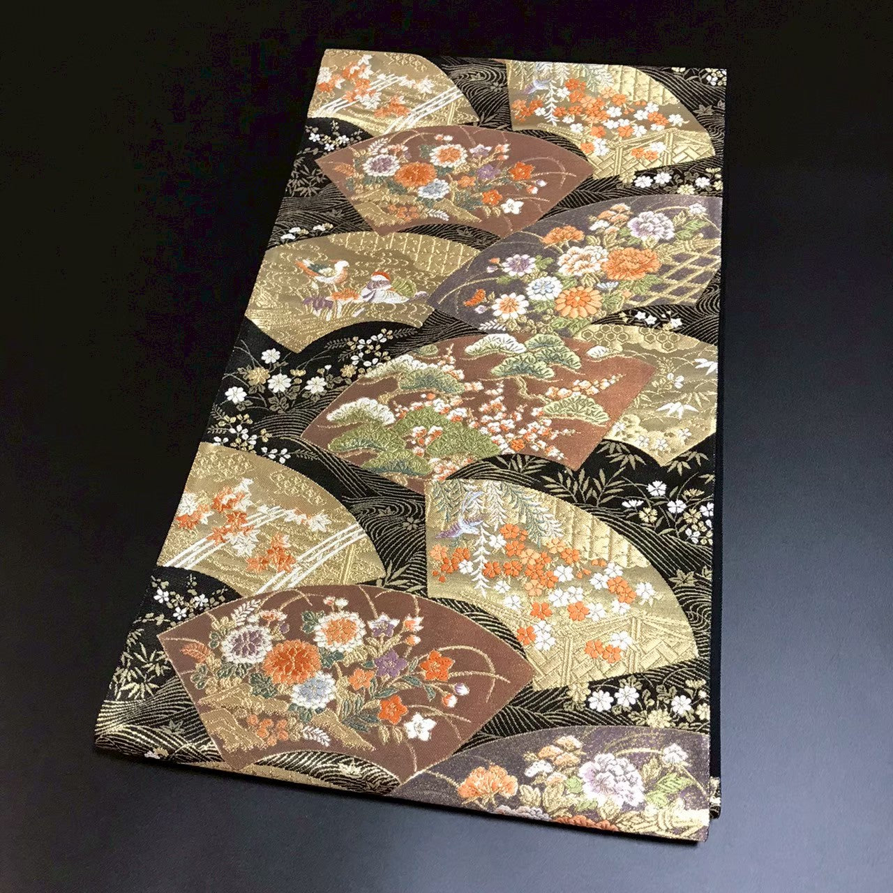 7513# Japanese Vintage Fukuro Obi Belt Kimono Fabric Silk Traditional Black