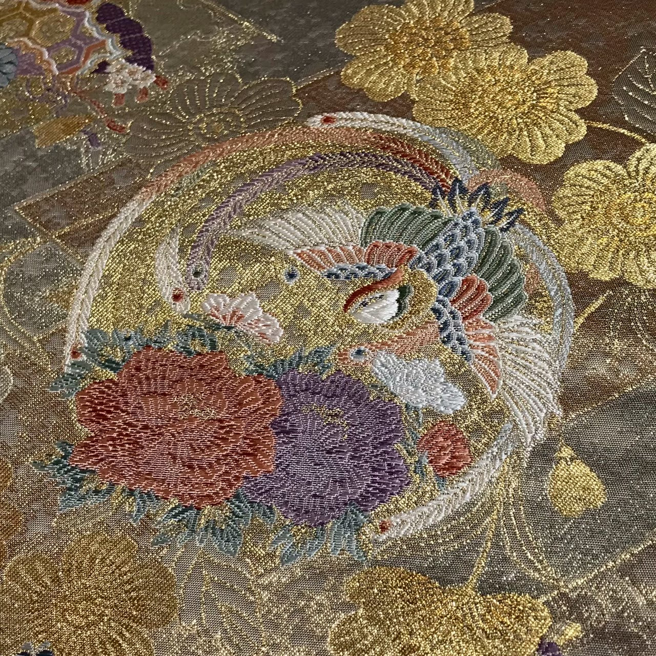 8103# Japanese Vintage Fukuro Obi Belt Kimono Fabric Silk Traditional Gold