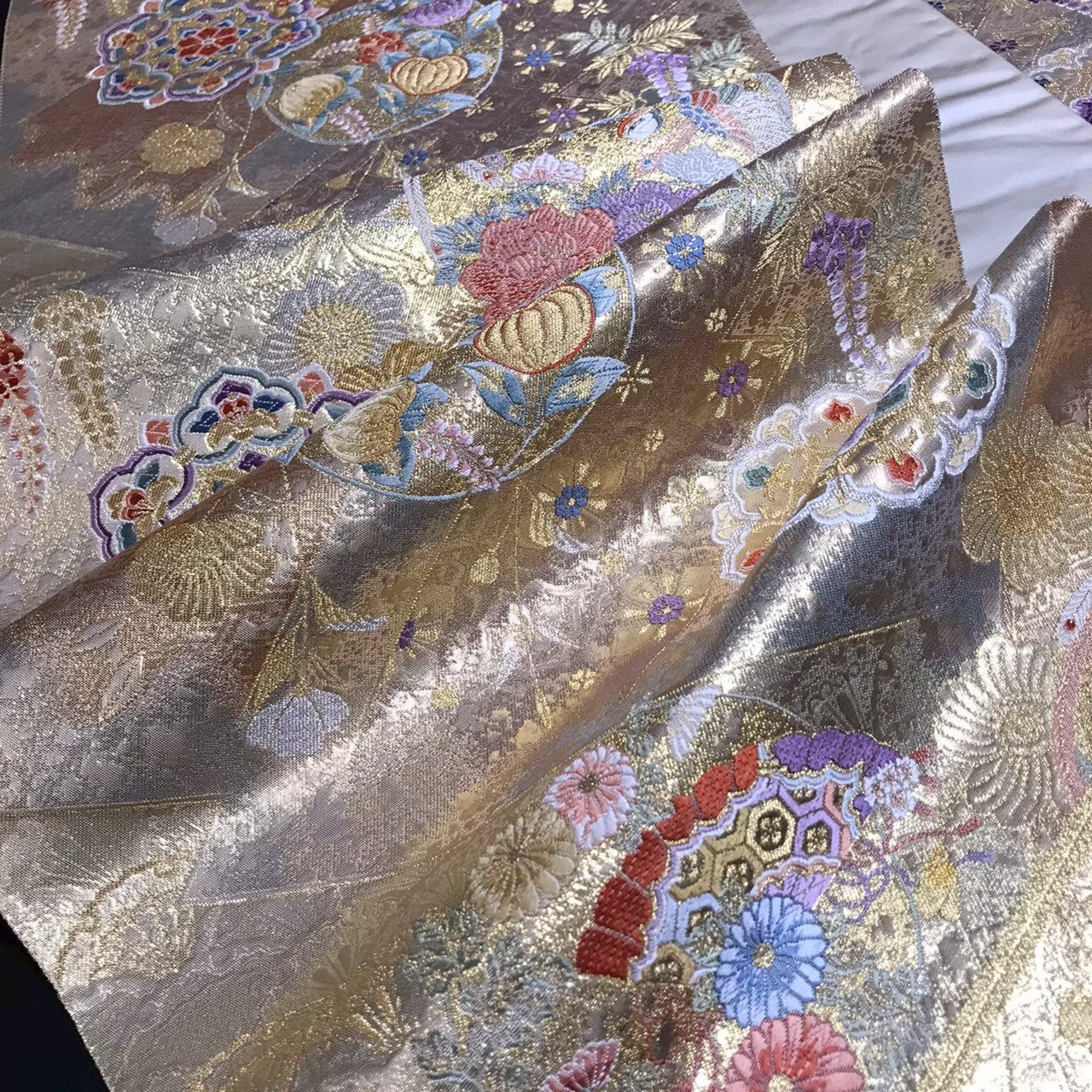8103# Japanese Vintage Fukuro Obi Belt Kimono Fabric Silk Traditional Gold